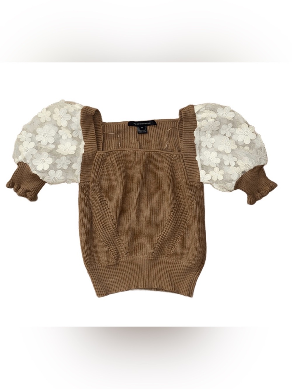 French Connection Brown Knit Top with White Floral Puff Sleeves